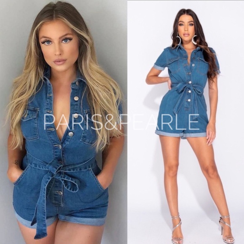 Ravalli Denim Button Front Tie Waist Romper